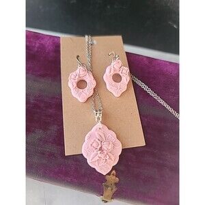 925 Pink Floral Polymer Clay Jewelry Set, NEW